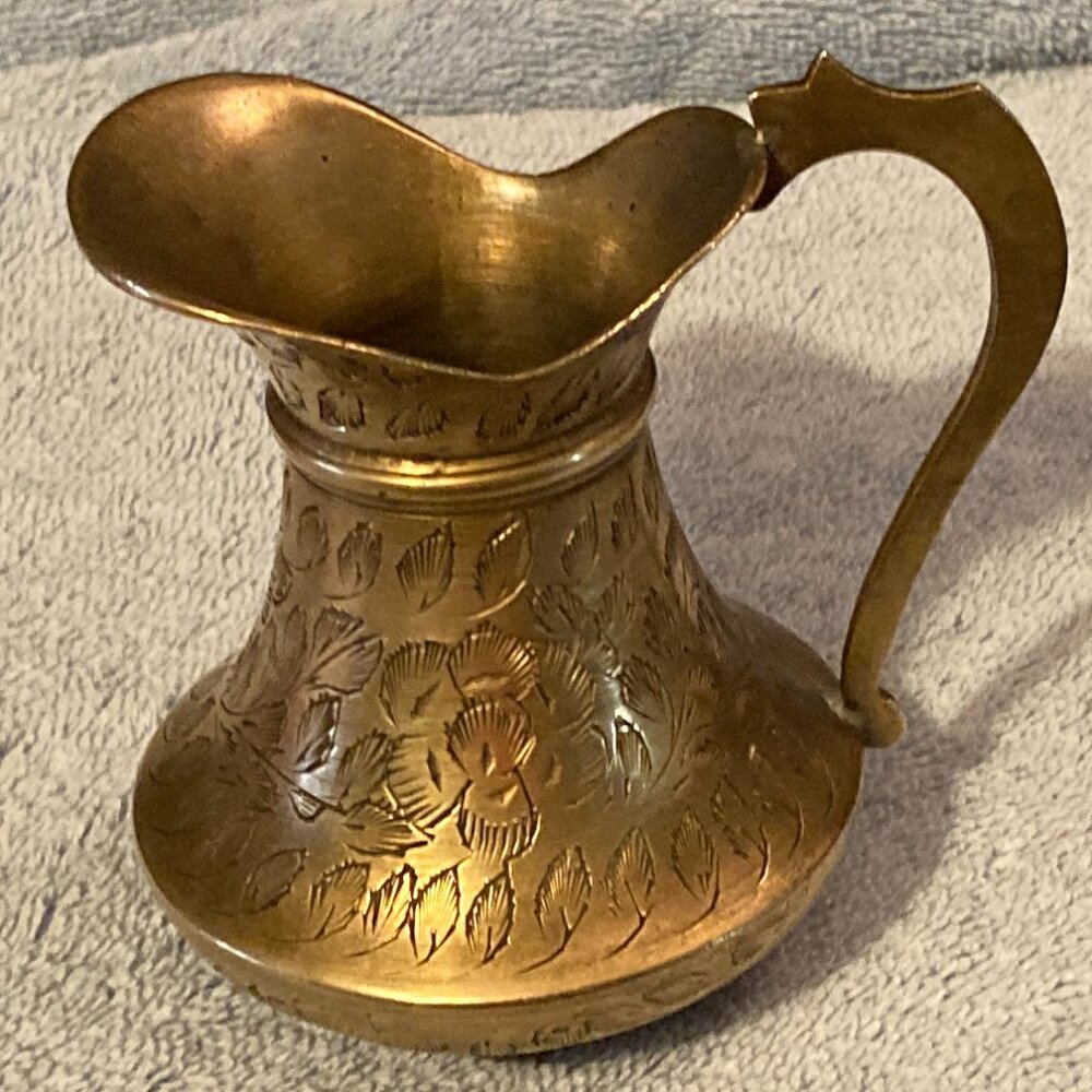 VTG Small 4” High Ornate Brass Decorated Creamer/Pitcher-Etched/Signed India-EUC